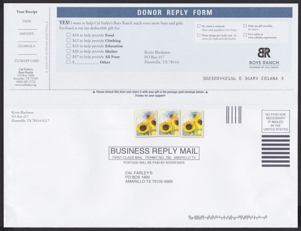 Cal Farley’s business reply envelope bearing three stamp-sized designs picturing sunflowers