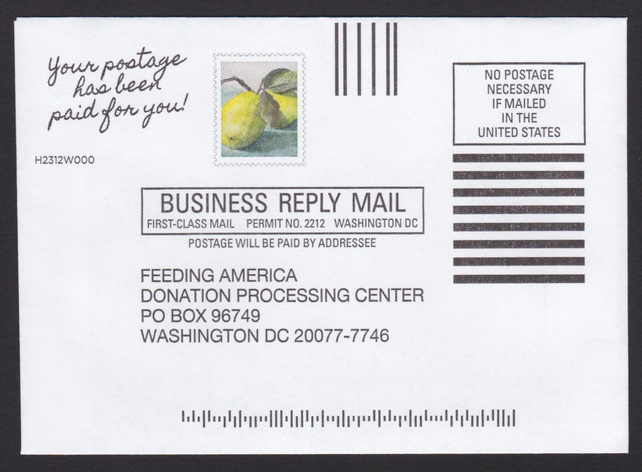 Feeding America business reply envelope bearing stamp-sized design picturing fruit