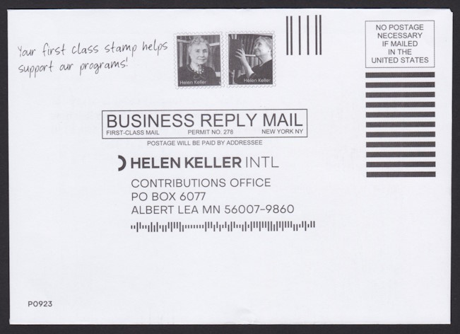 Helen Keller International business reply envelope bearing two preprinted stamp-sized designs