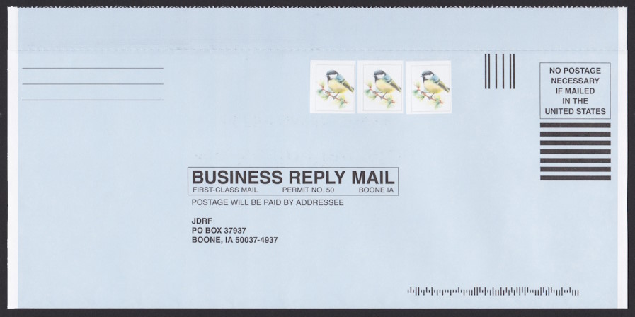 JDRF business reply envelope bearing three preprinted stamp-sized bluebird designs