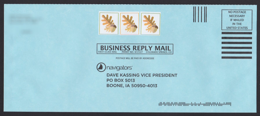 Navigators business reply envelope bearing three preprinted stamp-sized acorn & leaves designs