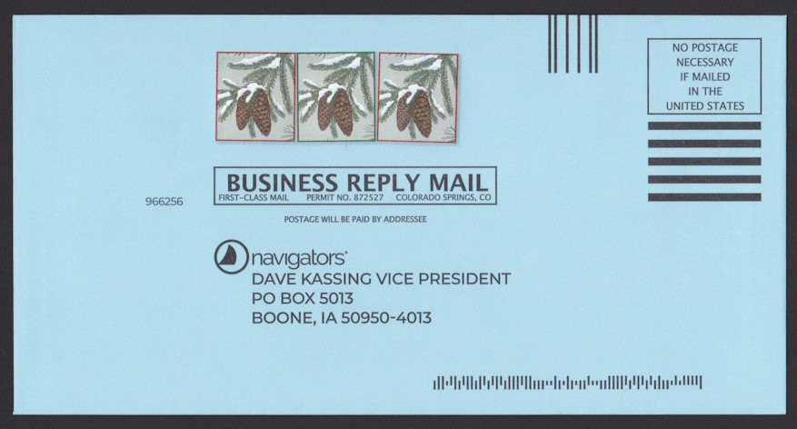 Navigators business reply envelope bearing three preprinted stamp-sized pine cone designs