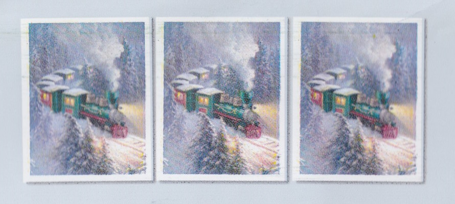Preprinted stamp-sized designs picturing a train on Navigators envelope