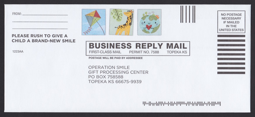 Operation Smile business reply envelope bearing three preprinted stamp-sized designs picturing kite, giraffe, and Earth