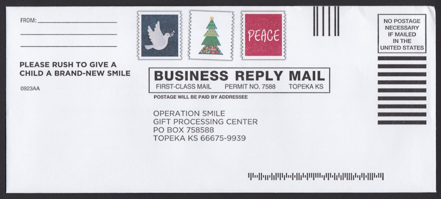Operation Smile business reply envelope bearing three preprinted stamp-sized designs picturing dove, Christmas tree, and word “peace”