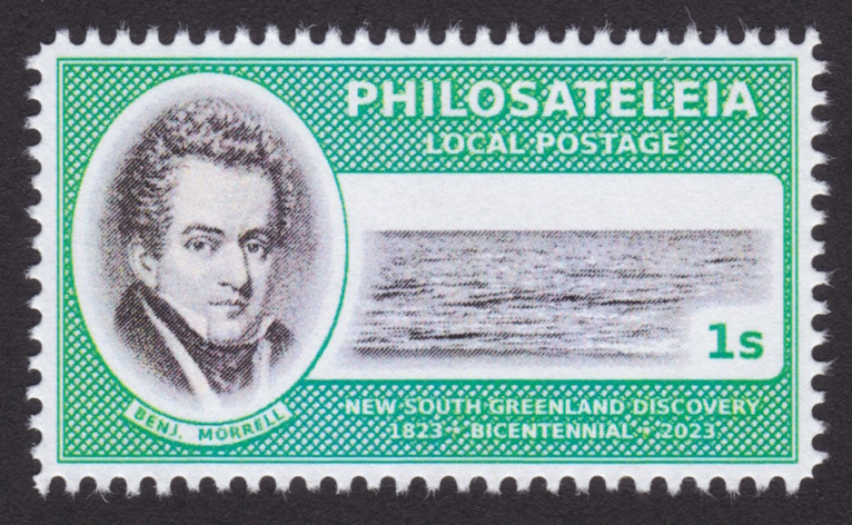 1-stamp Philosateleian Post local post stamp picturing Captain Benjamin Morrell and ocean waves