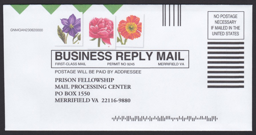 Prison Fellowship business reply envelope with three stamp-sized designs picturing flowers
