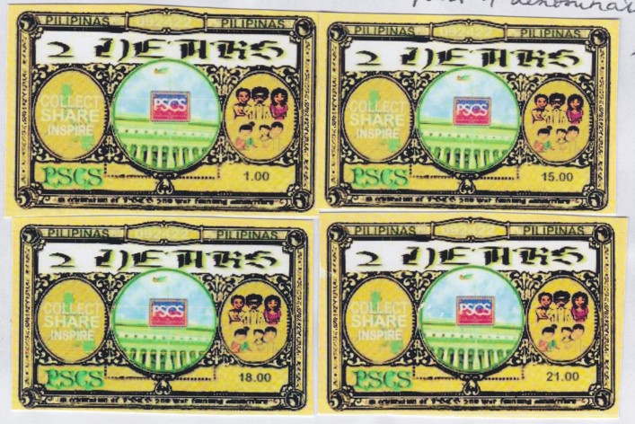P1.00, P15.00, P18.00, and P21.00 PSCS Local Post provisional stamps with PSCS logo