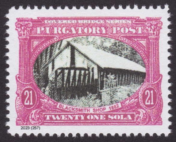 Purgatory Post 21-sola stamp picturing Blacksmith Shop Bridge