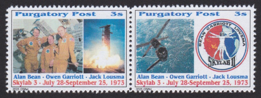 Pair of 3-sola Purgatory Post stamps picturing Skylab 3 crew and launch vehicle, Skylab station, and Skylab III mission patch