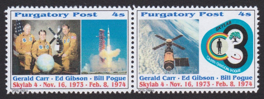 Pair of 4-sola Purgatory Post stamps picturing Skylab 4 crew and launch vehicle, Skylab station, and Skylab 4 mission patch