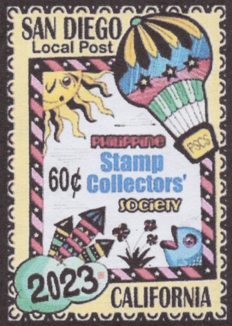 60¢ San Diego Local Post stamp picturing hot air balloon, rising sun, fireworks, and fish