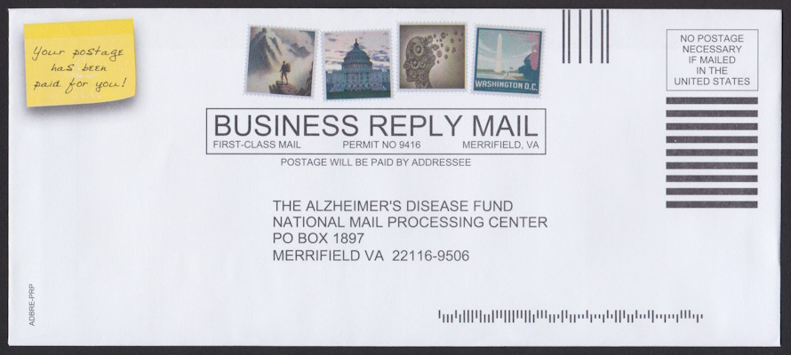 The Alzheimer’s Disease Fund business reply envelope with four preprinted stamp-sized images picturing hiker in mountains, United States Capitol, head made of gears, and Washington Monument