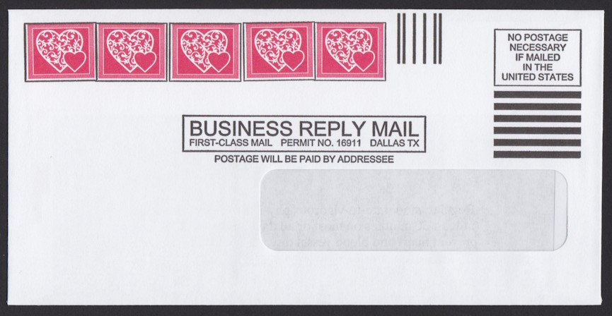 American Heart Association business reply envelope with five stamp-sized designs picturing hearts