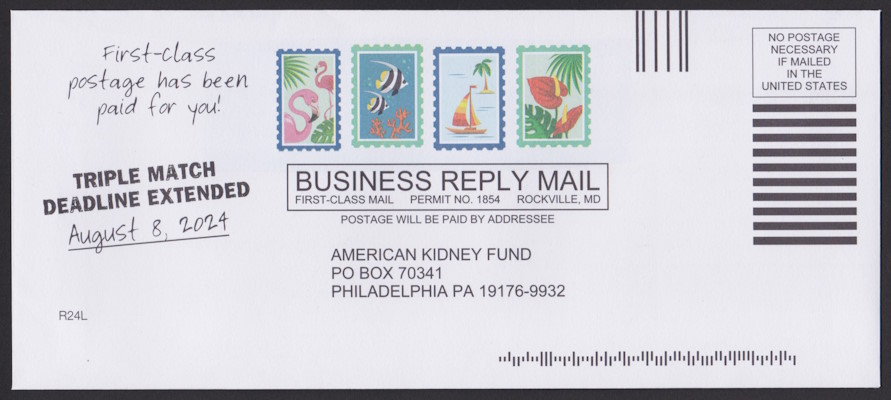 American Kidney Fund business reply envelope with four preprinted stamp-sized images featuring tropical-themed subjects