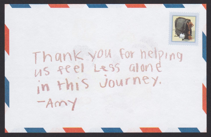 American Kidney Fund insert with preprinted stamp-sized design with illustration of backpack