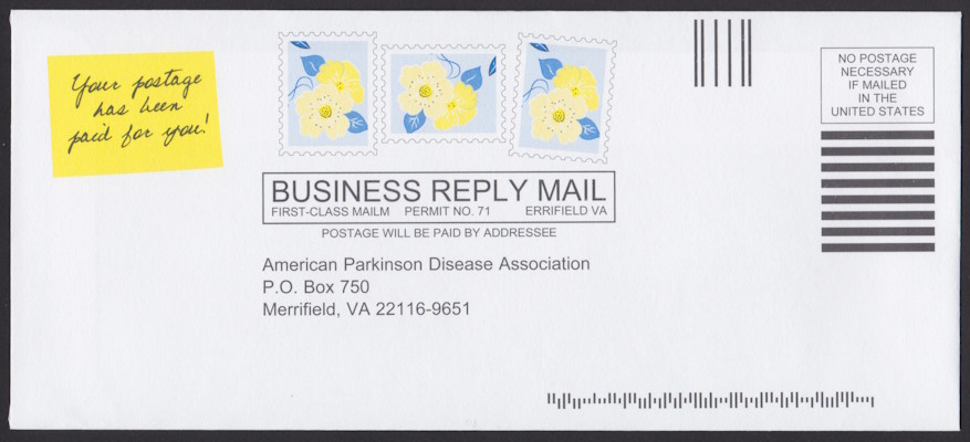 American Parkinson Disease Association business reply envelope with three preprinted stamp-sized images picturing yellow flowers