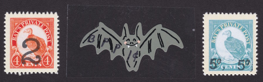 1¢, 2¢, and 5¢ Bat’s Private Post stamps picturing bat and California condor