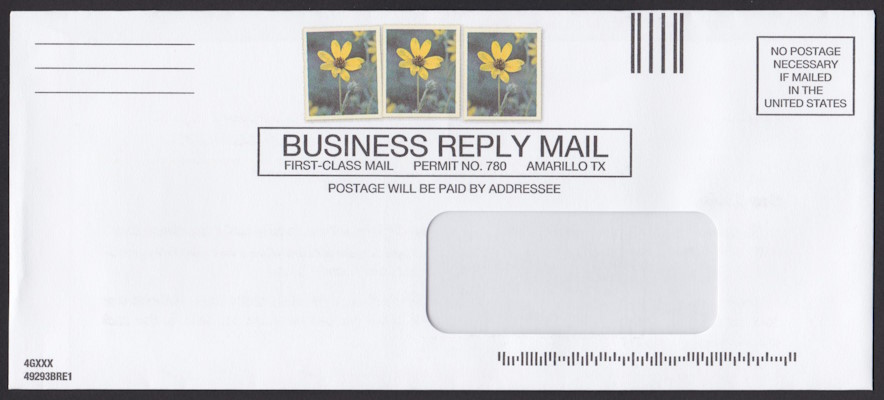 Cal Farley’s Boys Ranch business reply envelope with three preprinted stamp-sized images picturing yellow flowers