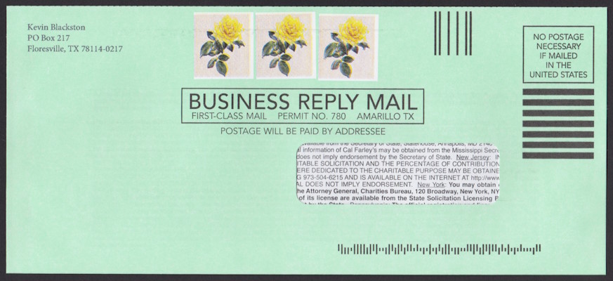 Cal Farley’s Boys Ranch business reply envelope with three preprinted stamp-sized images picturing yellow roses