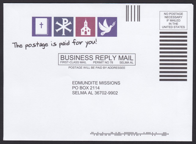 Edmundite Missions business reply envelope bearing four preprinted stamp-sized designs picturing a Bible, a cross, a church, and a dove