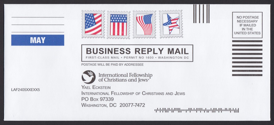 International Fellowship of Christians and Jews business reply envelope with four preprinted stamp-sized designs featuring United States flags