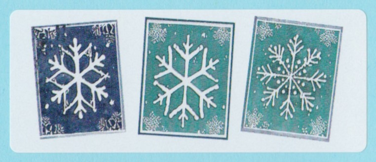 Label bearing three stamp-sized designs picturing snowflakes
