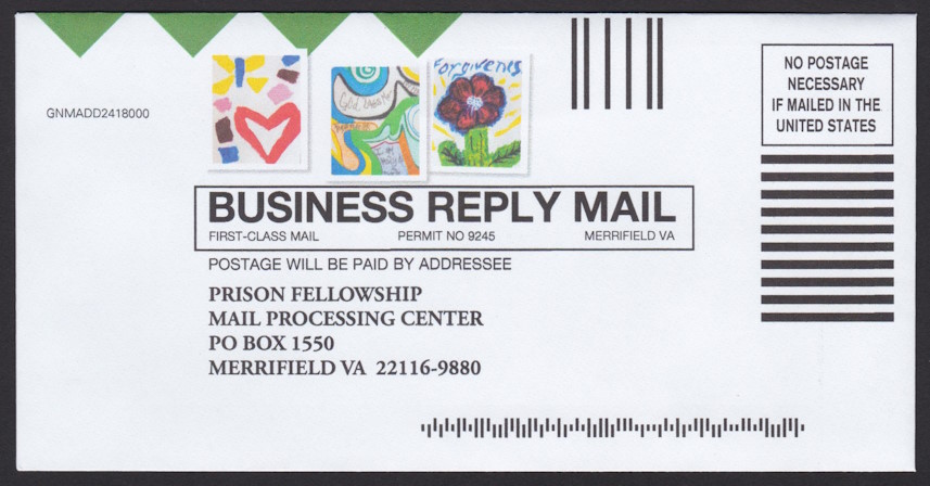 Prison Fellowship business reply envelope with three preprinted stamp-sized designs depicting artwork