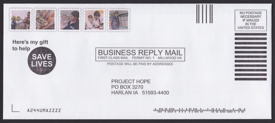 Project HOPE business reply envelope with five preprinted stamp-sized designs picturing volunteers and charity recipients