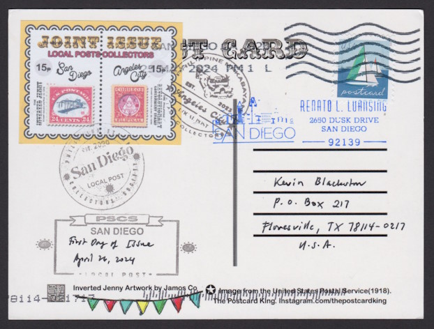 San Diego Local Post & Angeles City Local Post 15p stamps picturing stamps on postcard