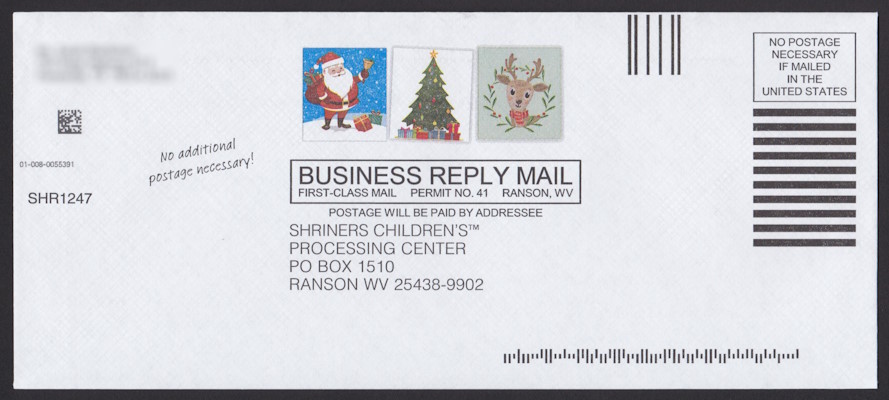 Shriners Children’s business reply envelope bearing three preprinted stamp-sized designs picturing Santa Claus, Christmas tree, and reindeer