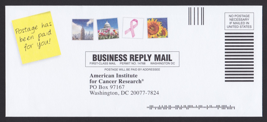 American Institute for Cancer Research business reply envelope with preprinted stamp-sized designs