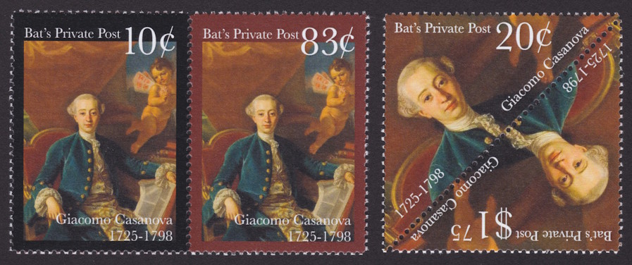 Bat’s Private Post 10¢, 20¢, 83¢, and $1.75 Giacomo Casanova stamps