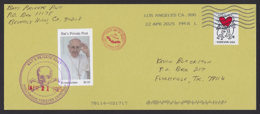 Bat’s Private Post 83¢ Pope Francis stamp on postcard