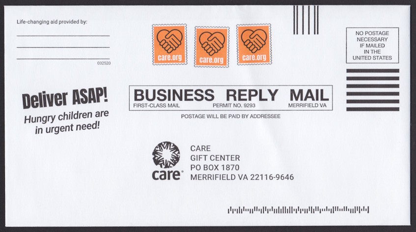 CARE business reply envelope with three preprinted stamp-sized care.org designs