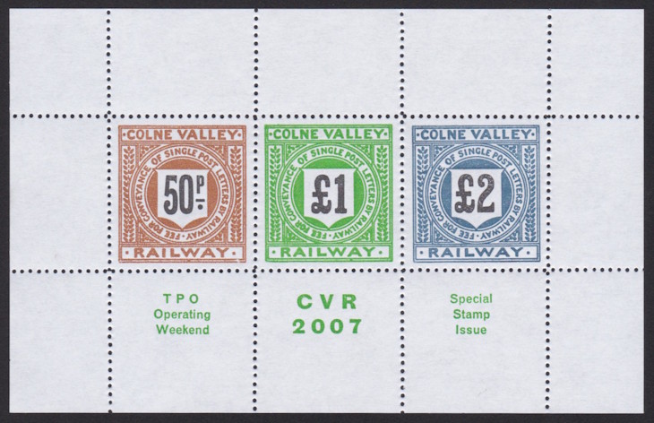 Souvenir sheet containing 50p, £1, & £2 Colne Valley Railway stamps