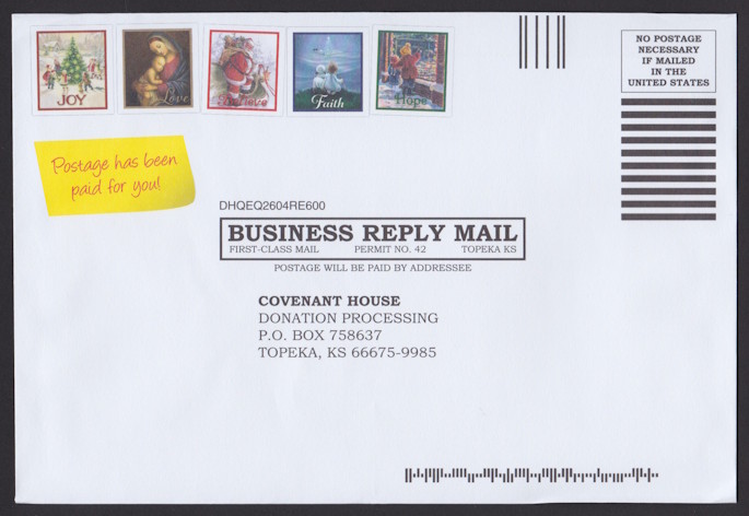 Covenant House business reply envelope with five preprinted stamp-sized Christmas designs