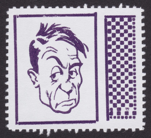 Cinderella stamp featuring caricature of grumpy man and faux barcode