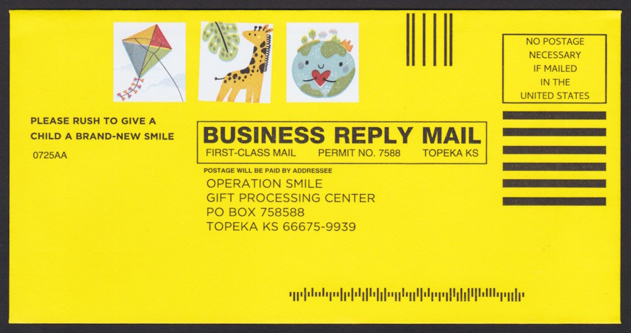 Operation Smile business reply envelope bearing three preprinted stamp-sized designs picturing kite, giraffe, and Earth