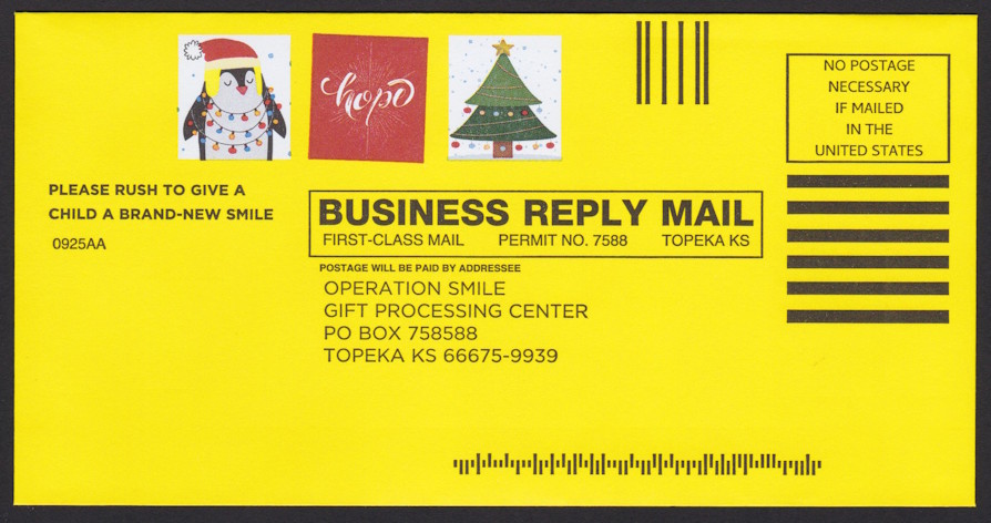Operation Smile business reply envelope with three preprinted stamp-sized Christmas designs