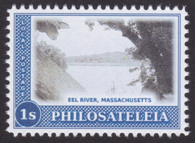 1-stamp Philosateleian Post local post stamp picturing Eel River in Massachusetts
