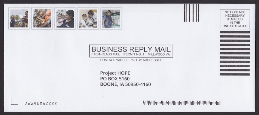 Project HOPE business reply envelope with five preprinted stamp-sized designs picturing volunteers and charity recipients
