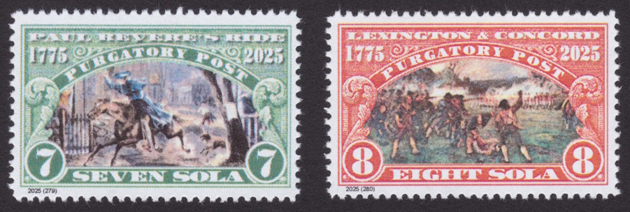 Purgatory Post 7-sola Paul Revere’s Ride & 8-sola Lexington & Concord stamps