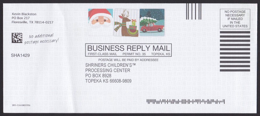 Shriners Children’s business reply envelope with three preprinted stamp-sized Christmas designs