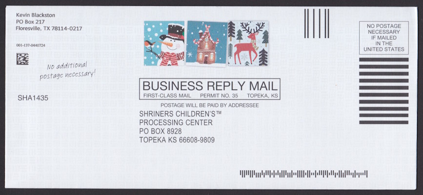Shriners Children’s business reply envelope with three preprinted stamp-sized Christmas designs