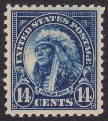 14¢ American Indian stamp with apparent broken “E” in “STATES”