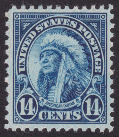 14¢ American Indian stamp with apparent parallel diagonal scratches or gouges