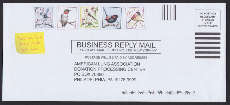 American Lung Association business reply envelope with preprinted bird designs