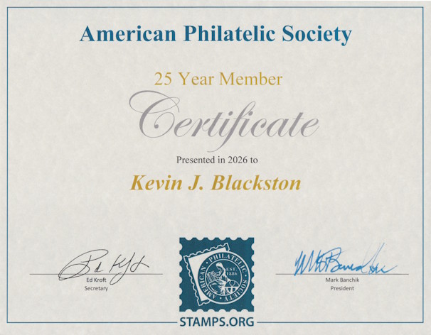 American Philatelic Society 25 Year Member certificate