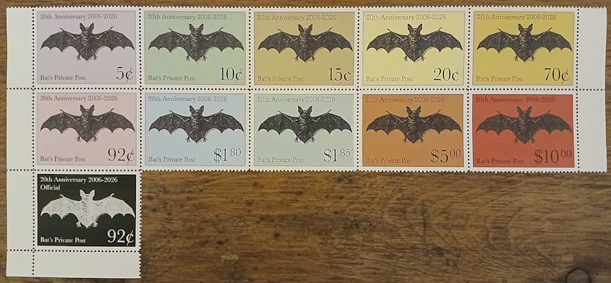 Irregular block of 11 Bat’s Private Post 20th Anniversary stamps depicting bats
